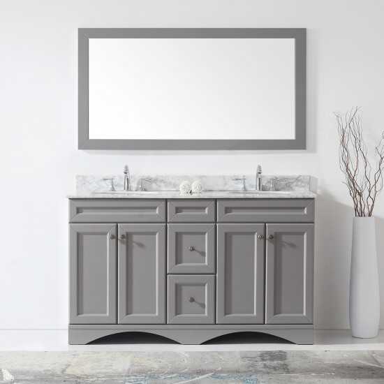 Talisa 60" Double Bath Vanity in Gray with White Marble Top and Round Sinks with Polished Chrome Faucets and Matching Mirror