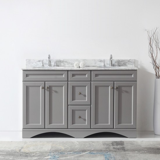 Talisa 60" Double Bath Vanity in Gray with White Marble Top and Round Sinks