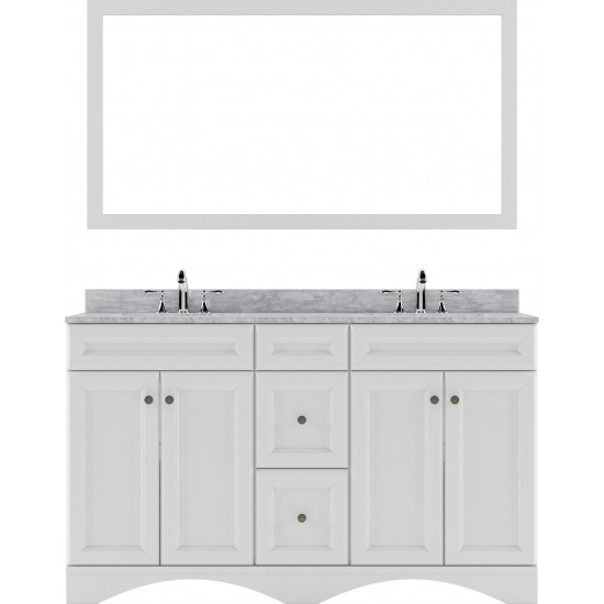 Talisa 60" Double Bath Vanity in White with White Marble Top and Round Sinks and Matching Mirror