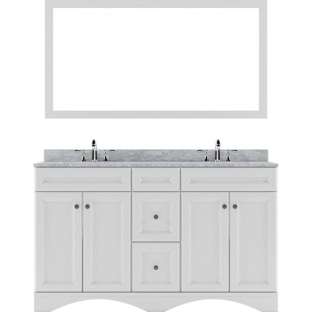 Talisa 60" Double Bath Vanity in White with White Marble Top and Round Sinks and Matching Mirror