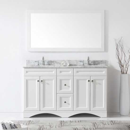 Talisa 60" Double Bath Vanity in White with White Marble Top and Round Sinks and Matching Mirror