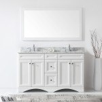Talisa 60" Double Bath Vanity in White with White Marble Top and Round Sinks with Brushed Nickel Faucets and Matching Mirror