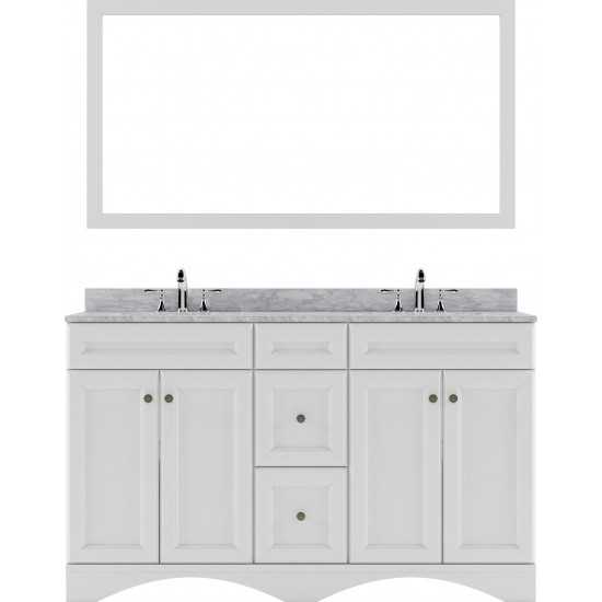 Talisa 60" Double Bath Vanity in White with White Marble Top and Round Sinks with Polished Chrome Faucets and Matching Mirror