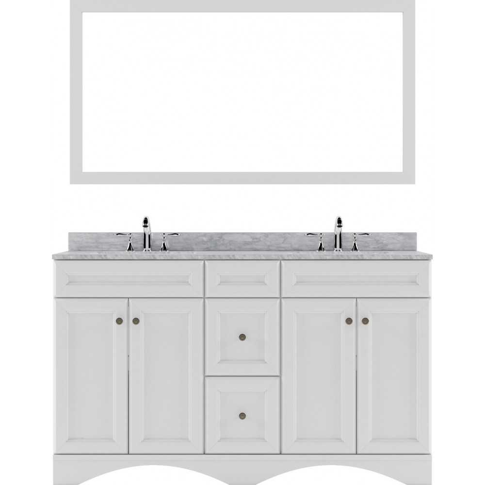 Talisa 60" Double Bath Vanity in White with White Marble Top and Round Sinks with Polished Chrome Faucets and Matching Mirror