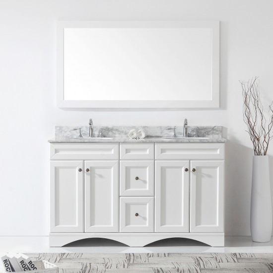 Talisa 60" Double Bath Vanity in White with White Marble Top and Round Sinks with Polished Chrome Faucets and Matching Mirror