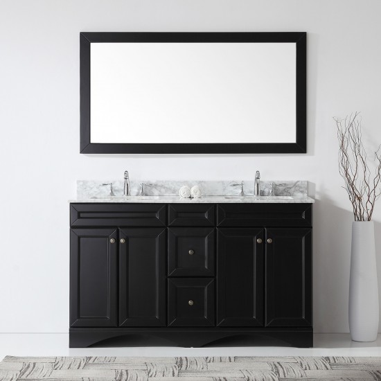 Talisa 60" Double Bath Vanity in Espresso with White Marble Top and Square Sinks and Matching Mirror