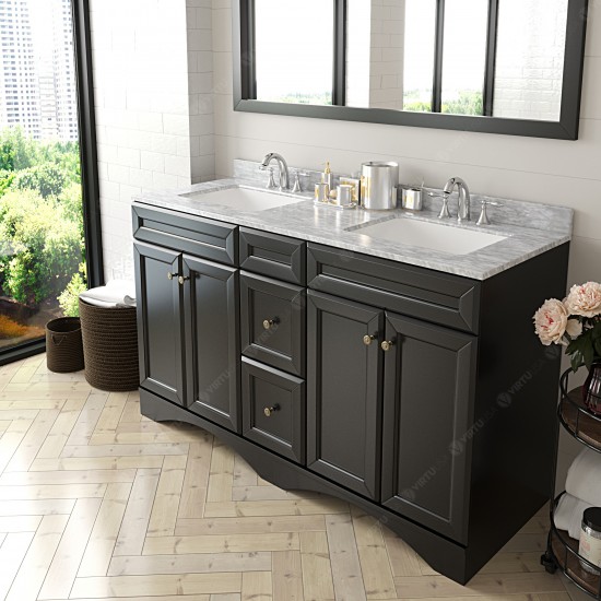 Talisa 60" Double Bath Vanity in Espresso with White Marble Top and Square Sinks and Matching Mirror