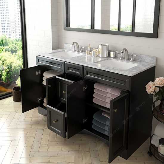 Talisa 60" Double Bath Vanity in Espresso with White Marble Top and Square Sinks and Matching Mirror