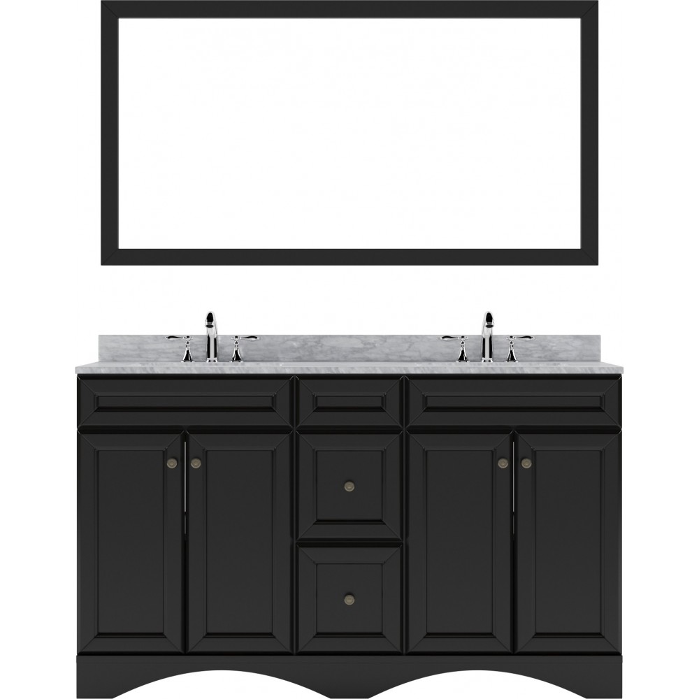 Talisa 60" Double Bath Vanity in Espresso with White Marble Top and Square Sinks with Brushed Nickel Faucets and Matching Mir