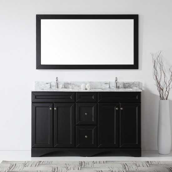 Talisa 60" Double Bath Vanity in Espresso with White Marble Top and Square Sinks with Polished Chrome Faucets and Mirror