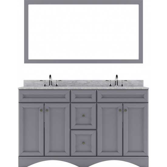 Talisa 60" Double Bath Vanity in Gray with White Marble Top and Square Sinks and Matching Mirror