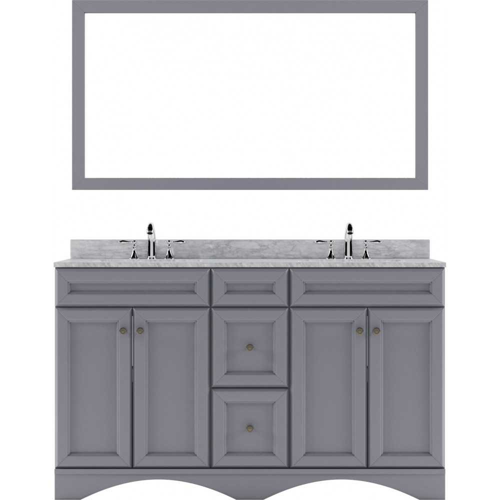 Talisa 60" Double Bath Vanity in Gray with White Marble Top and Square Sinks and Matching Mirror