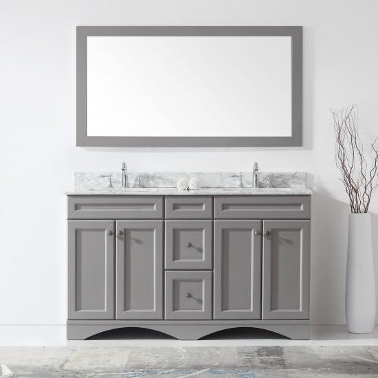 Talisa 60" Double Bath Vanity in Gray with White Marble Top and Square Sinks and Matching Mirror