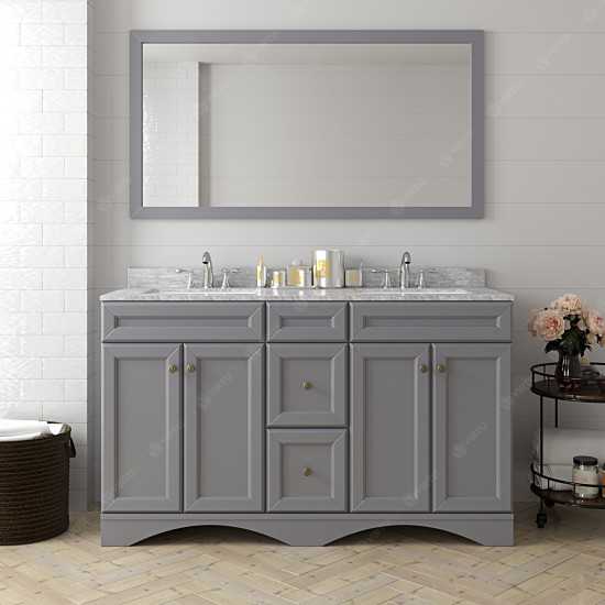 Talisa 60" Double Bath Vanity in Gray with White Marble Top and Square Sinks and Matching Mirror