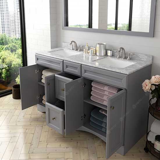 Talisa 60" Double Bath Vanity in Gray with White Marble Top and Square Sinks and Matching Mirror