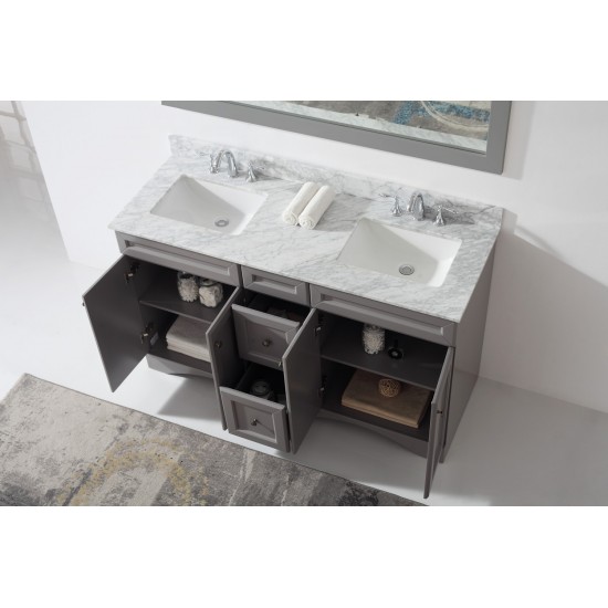 Talisa 60" Double Bath Vanity in Gray with White Marble Top and Square Sinks and Matching Mirror
