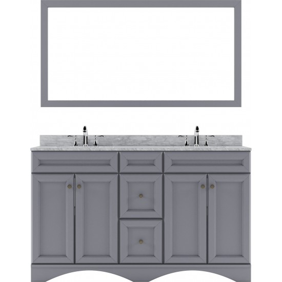 Talisa 60" Double Bath Vanity in Gray with White Marble Top and Square Sinks with Brushed Nickel Faucets and Matching Mirror