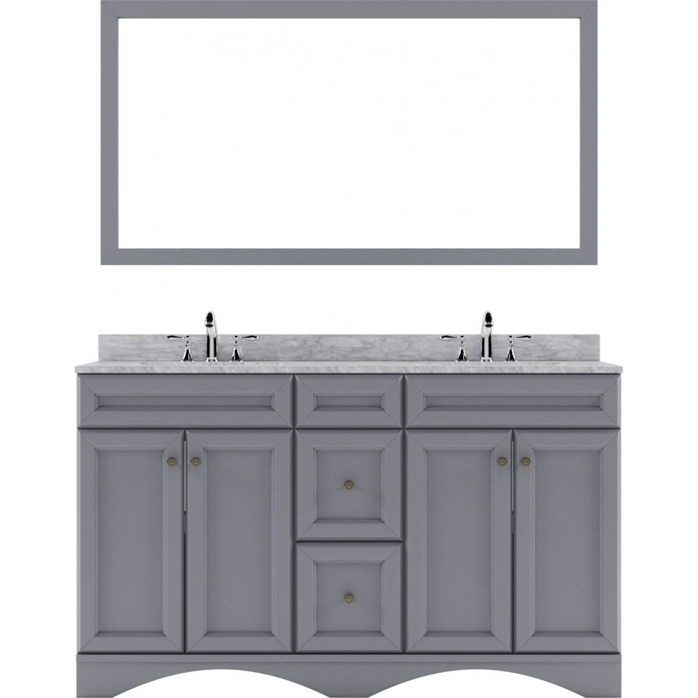 Talisa 60" Double Bath Vanity in Gray with White Marble Top and Square Sinks with Brushed Nickel Faucets and Matching Mirror