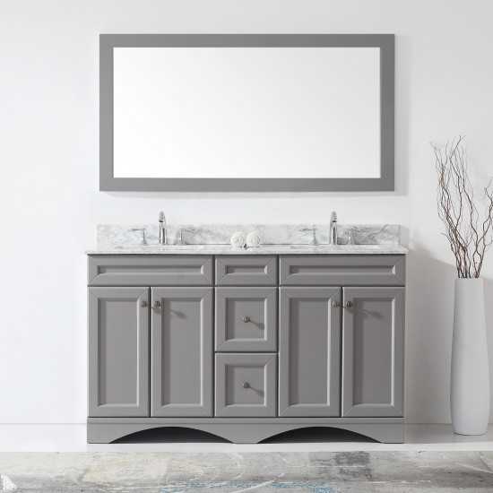 Talisa 60" Double Bath Vanity in Gray with White Marble Top and Square Sinks with Brushed Nickel Faucets and Matching Mirror