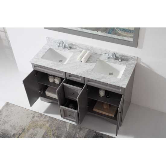 Talisa 60" Double Bath Vanity in Gray with White Marble Top and Square Sinks with Brushed Nickel Faucets and Matching Mirror