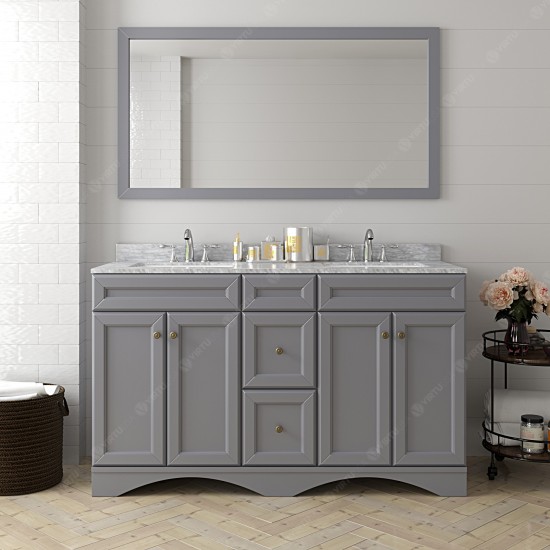 Talisa 60" Double Bath Vanity in Gray with White Marble Top and Square Sinks with Polished Chrome Faucets and Matching Mirror