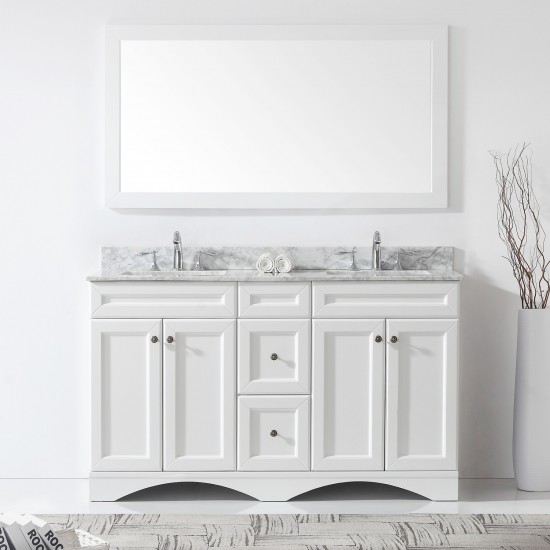 Talisa 60" Double Bath Vanity in White with White Marble Top and Square Sinks and Matching Mirror