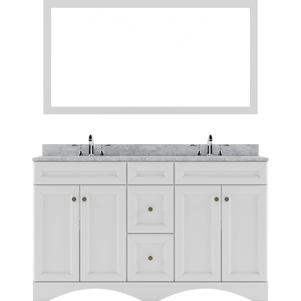 Talisa 60" Double Bath Vanity in White with White Marble Top and Square Sinks with Brushed Nickel Faucets and Matching Mirror