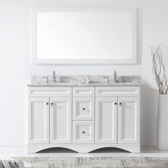 Talisa 60" Double Bath Vanity in White with White Marble Top and Square Sinks with Brushed Nickel Faucets and Matching Mirror