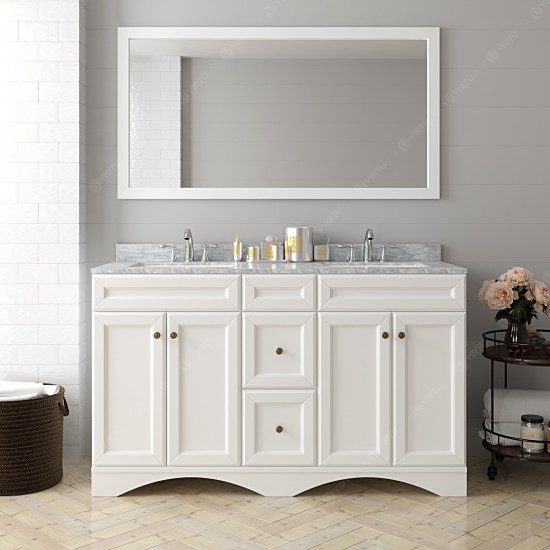 Talisa 60" Double Bath Vanity in White with White Marble Top and Square Sinks with Brushed Nickel Faucets and Matching Mirror