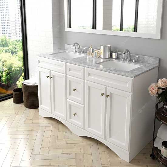 Talisa 60" Double Bath Vanity in White with White Marble Top and Square Sinks with Brushed Nickel Faucets and Matching Mirror