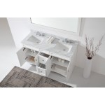 Talisa 60" Double Bath Vanity in White with White Marble Top and Square Sinks with Brushed Nickel Faucets and Matching Mirror