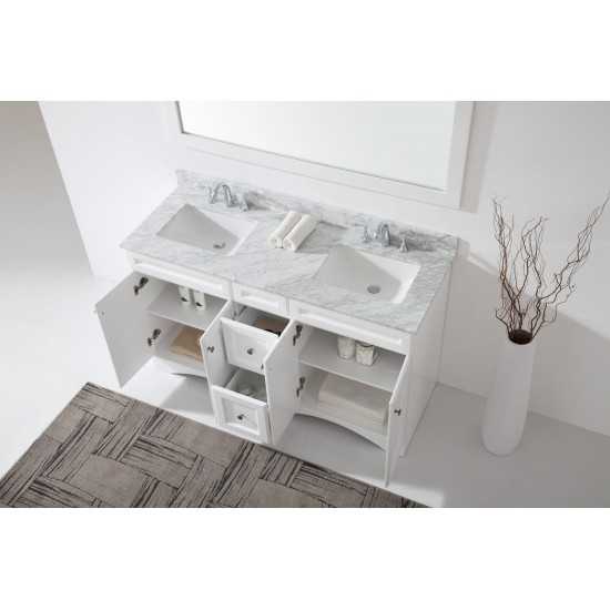 Talisa 60" Double Bath Vanity in White with White Marble Top and Square Sinks with Brushed Nickel Faucets and Matching Mirror