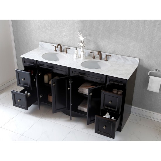 Talisa 72" Double Bath Vanity in Espresso with White Marble Top and Round Sinks with Brushed Nickel Faucets