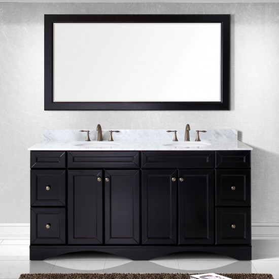 Talisa 72" Double Bath Vanity in Espresso with White Marble Top and Round Sinks with Polished Chrome Faucets and Matching Mir