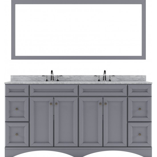 Talisa 72" Double Bath Vanity in Gray with White Marble Top and Round Sinks and Matching Mirror