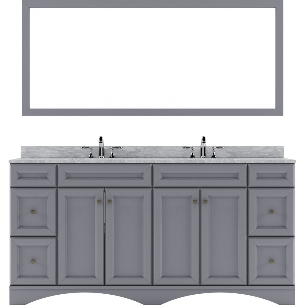 Talisa 72" Double Bath Vanity in Gray with White Marble Top and Round Sinks and Matching Mirror