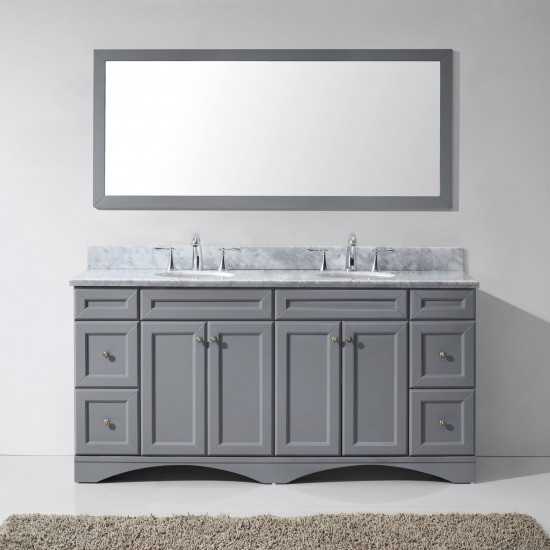 Talisa 72" Double Bath Vanity in Gray with White Marble Top and Round Sinks and Matching Mirror