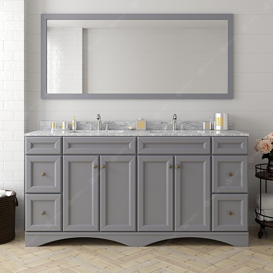 Talisa 72" Double Bath Vanity in Gray with White Marble Top and Round Sinks and Matching Mirror