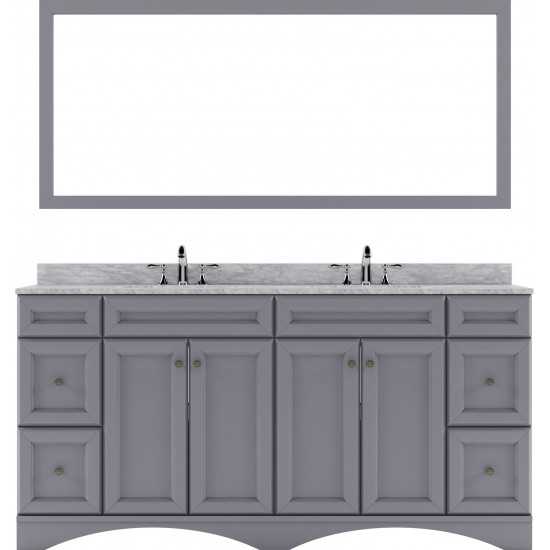 Talisa 72" Double Bath Vanity in Gray with White Marble Top and Round Sinks with Brushed Nickel Faucets and Matching Mirror