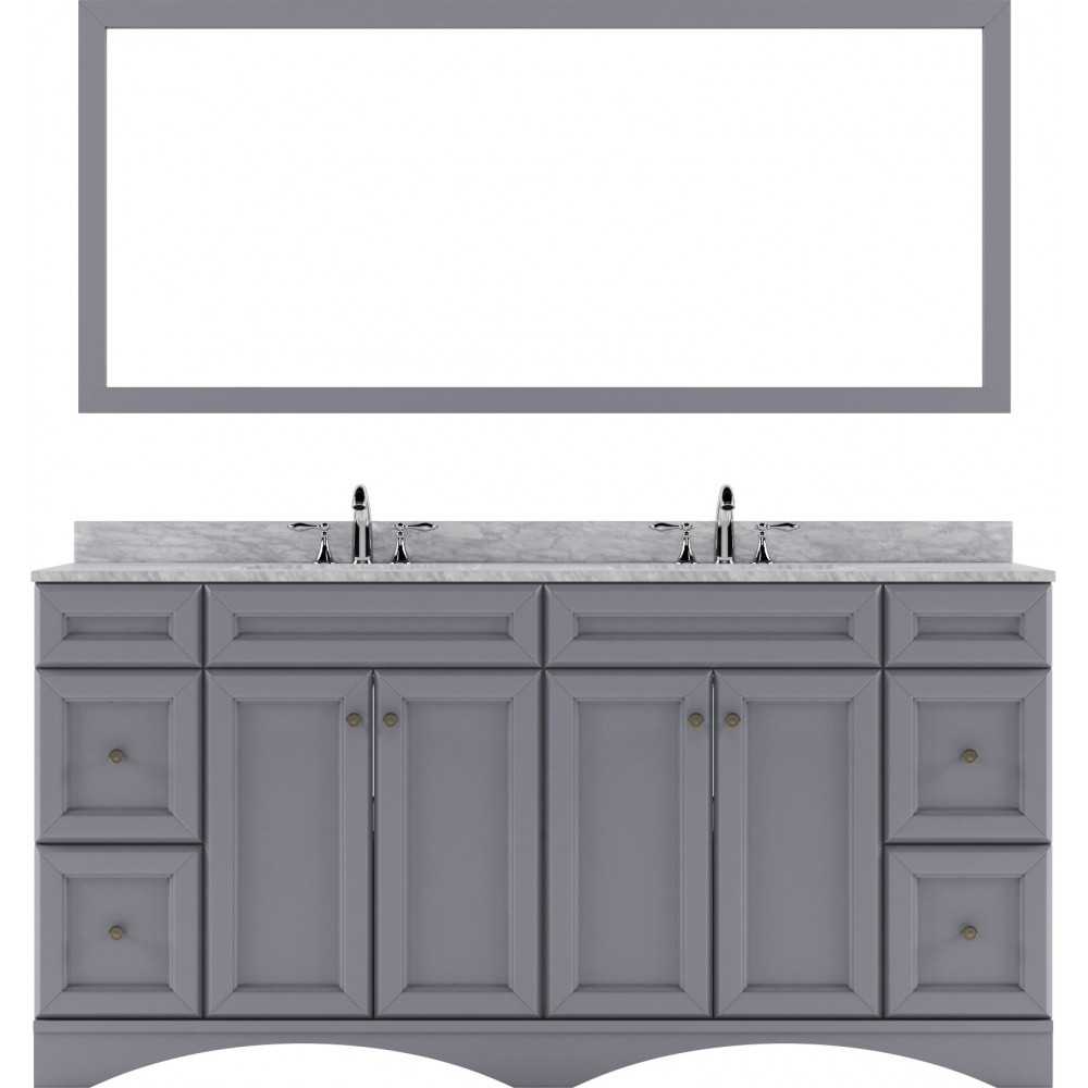 Talisa 72" Double Bath Vanity in Gray with White Marble Top and Round Sinks with Brushed Nickel Faucets and Matching Mirror