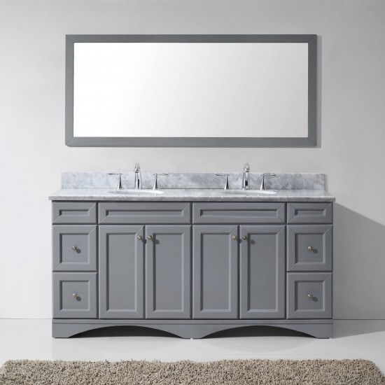 Talisa 72" Double Bath Vanity in Gray with White Marble Top and Round Sinks with Brushed Nickel Faucets and Matching Mirror