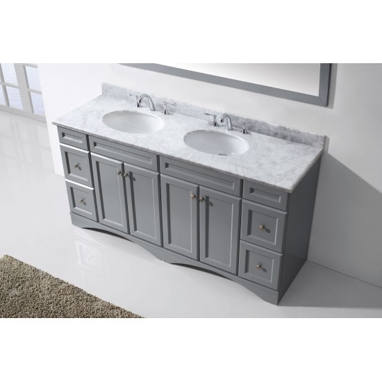 Talisa 72" Double Bath Vanity in Gray with White Marble Top and Round Sinks with Brushed Nickel Faucets and Matching Mirror