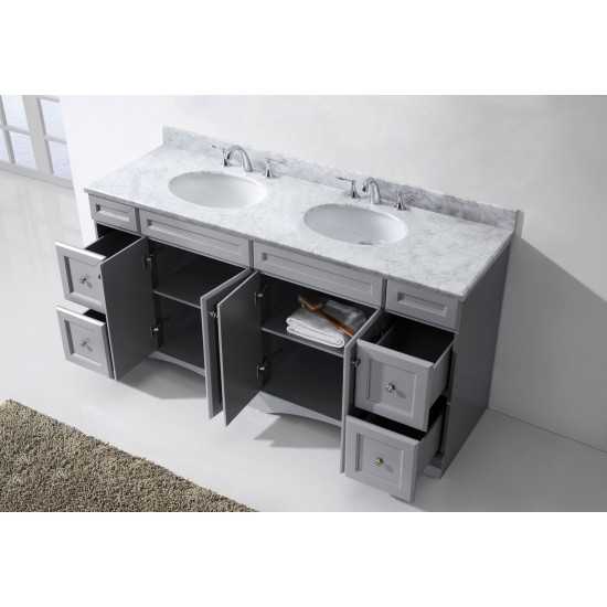 Talisa 72" Double Bath Vanity in Gray with White Marble Top and Round Sinks with Brushed Nickel Faucets