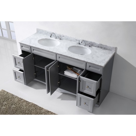 Talisa 72" Double Bath Vanity in Gray with White Marble Top and Round Sinks with Polished Chrome Faucets