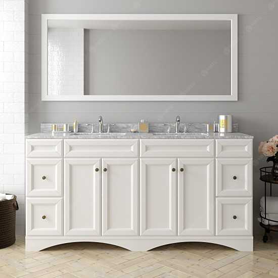 Talisa 72" Double Bath Vanity in White with White Marble Top and Round Sinks and Matching Mirror