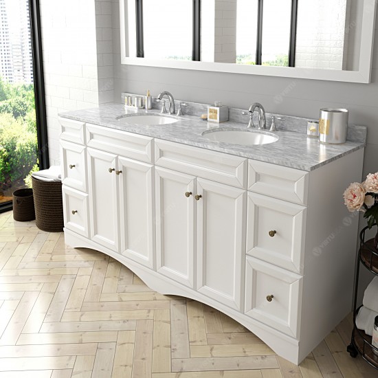 Talisa 72" Double Bath Vanity in White with White Marble Top and Round Sinks and Matching Mirror