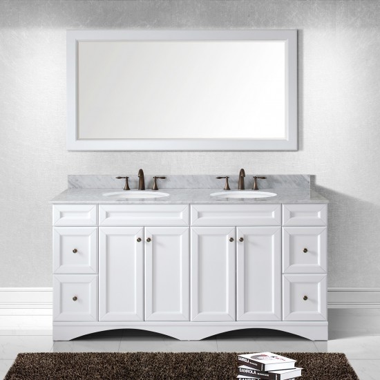 Talisa 72" Double Bath Vanity in White with White Marble Top and Round Sinks with Brushed Nickel Faucets and Matching Mirror