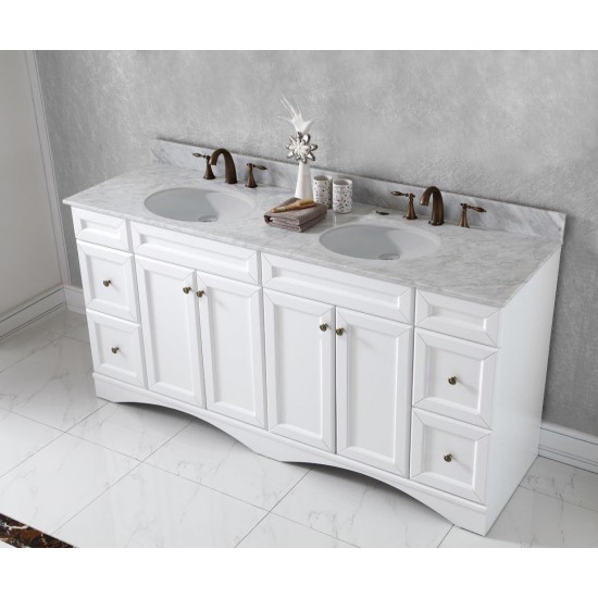 Talisa 72" Double Bath Vanity in White with White Marble Top and Round Sinks with Brushed Nickel Faucets