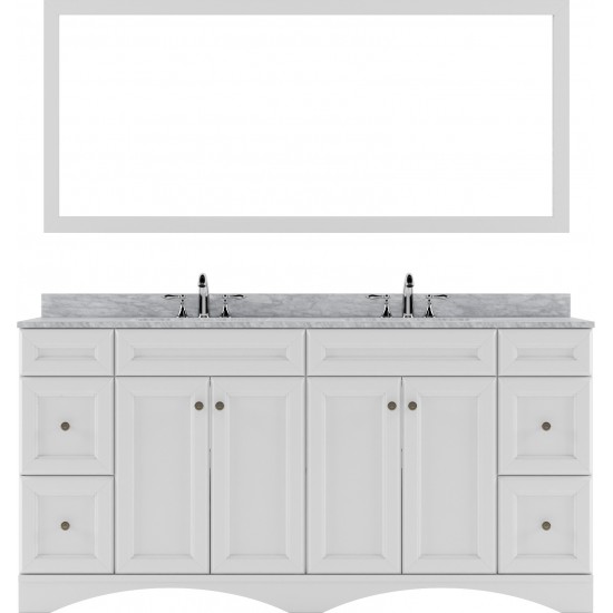 Talisa 72" Double Bath Vanity in White with White Marble Top and Round Sinks with Polished Chrome Faucets and Matching Mirror