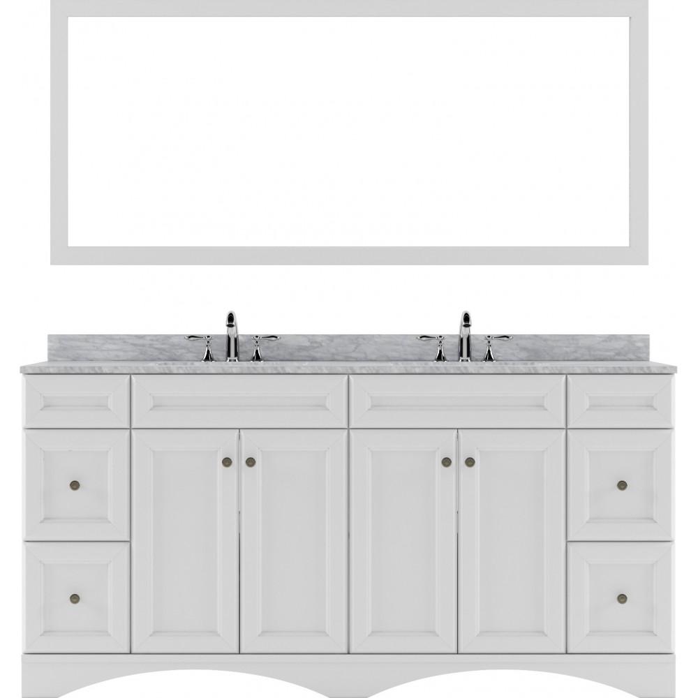 Talisa 72" Double Bath Vanity in White with White Marble Top and Round Sinks with Polished Chrome Faucets and Matching Mirror